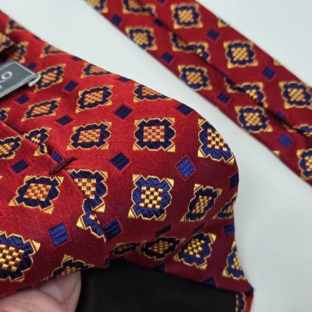 MONTEBELLO ITALY SILK TIE BLUE GOLD RED GEOMETRIC SATIN SHIMMER 3.75